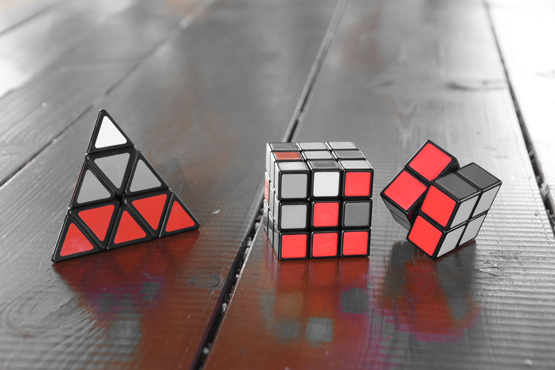 Rehovot, Israel - August 5, 2016:Three types of Rubik's 3x3x3 cube,2x2x2 cube,triangular cube